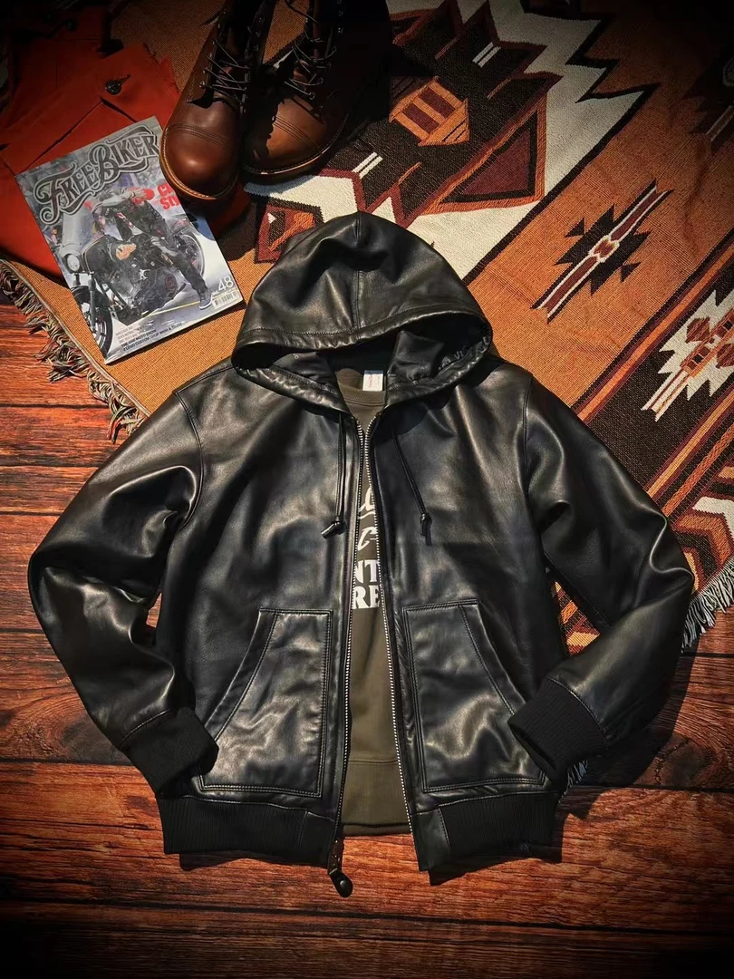 美式休闲复古连帽羊皮皮夹克