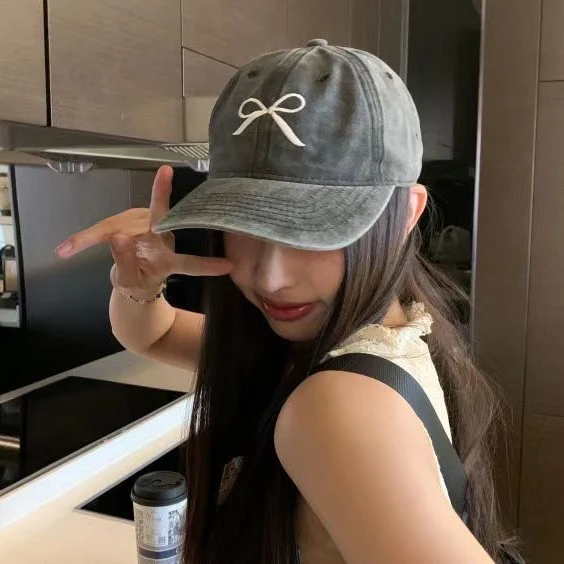 2024 ins复古水洗做旧蝴蝶结鸭舌帽女春夏学生甜美百搭软顶棒球帽
