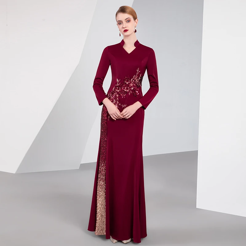 2025春夏新款喜婆婆妈妈装礼服参加婚礼主持酒红色演出连衣裙