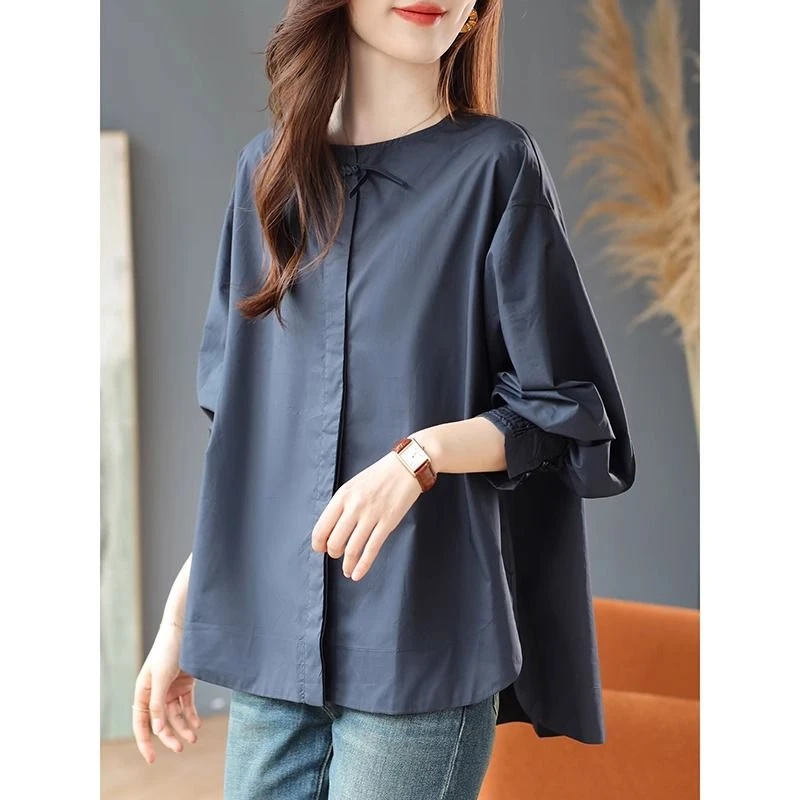 纯色气质圆领长袖衬衫女2024春季新款时尚宽松遮肚休闲简约衬衣女