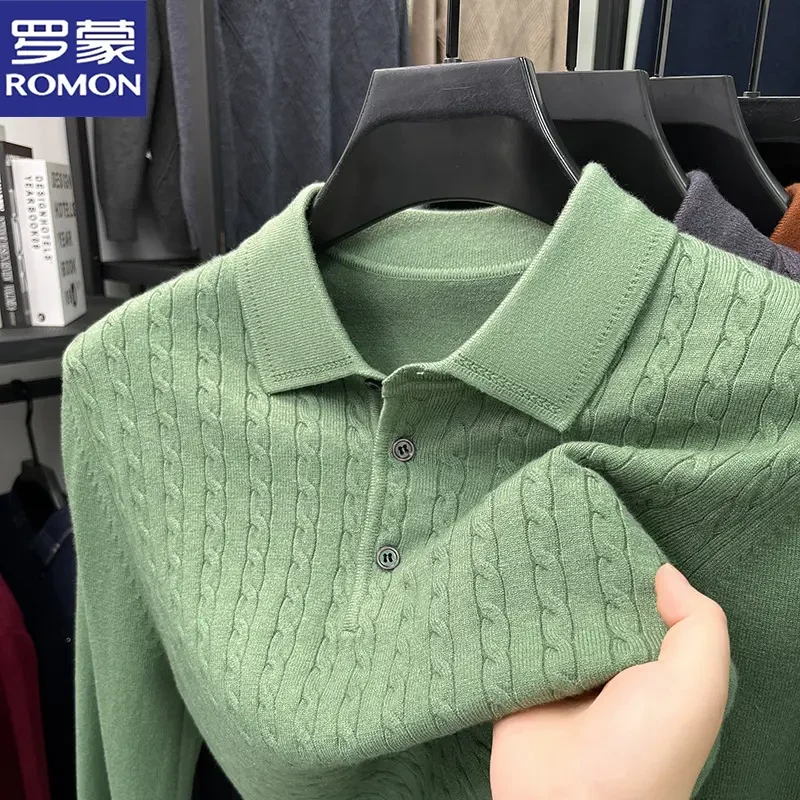 罗蒙秋季新款长袖T恤男士商务休闲翻领针织衫时尚百搭 纯色打底衫