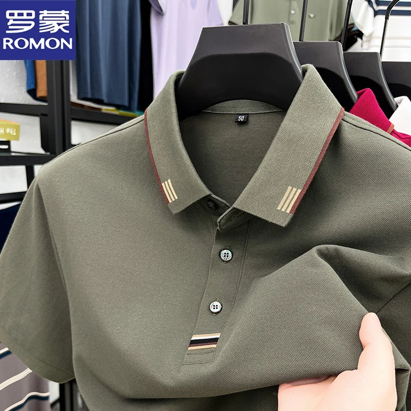 罗蒙夏季新款棉质短袖T恤看球中年休闲翻领POLO衫薄款半袖上衣服