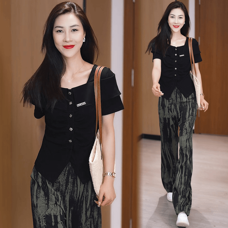 短袖T恤阔腿裤休闲两件套2024夏季新款洋气质显瘦减龄时尚套装女