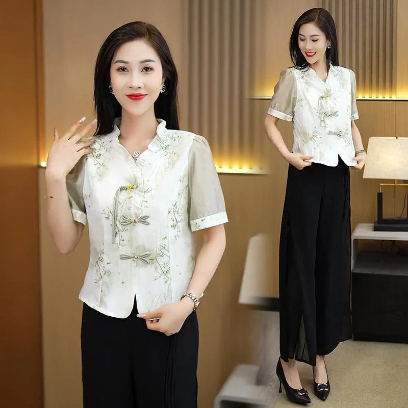 新中式国风时尚套装女夏季新款高级感雪纺衫阔腿裤气质显瘦两件套