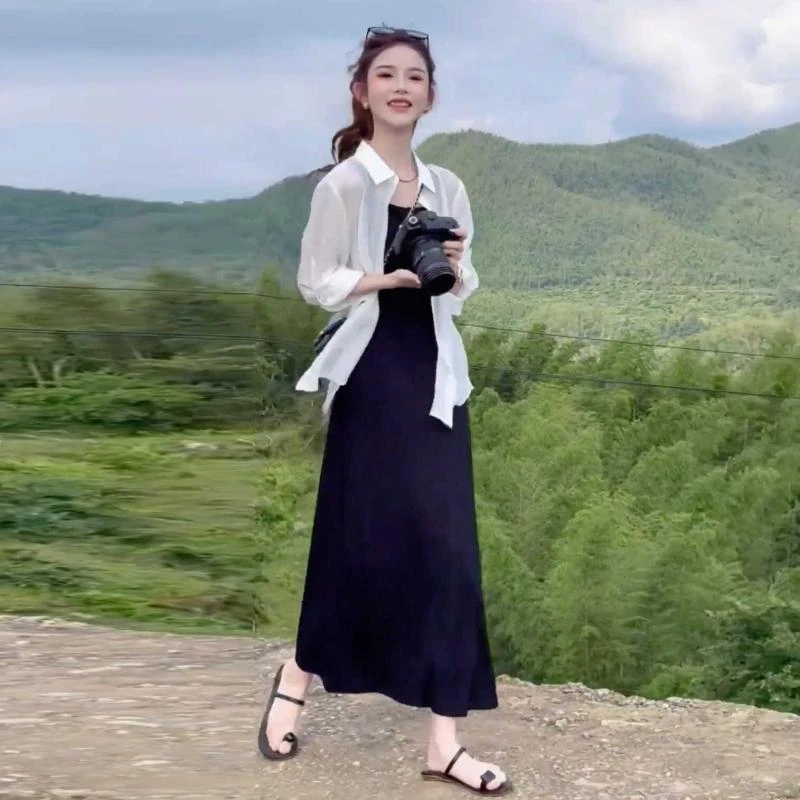 时尚气质连衣裙女夏季今年流行洋气减龄防晒衫衬衣吊带裙两件套装