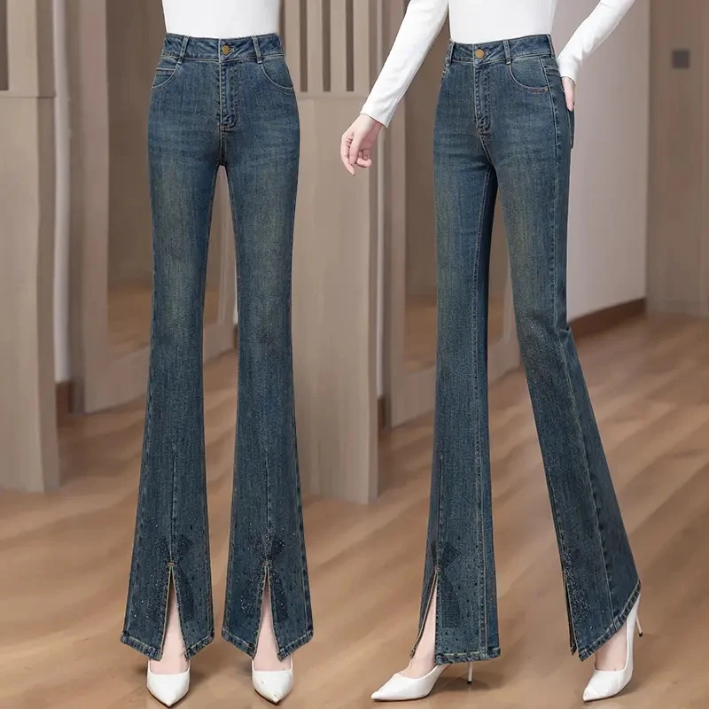 2024年秋季新款高腰开叉马蹄裤阔腿微喇显瘦时尚烫钻蝴蝶结牛仔裤