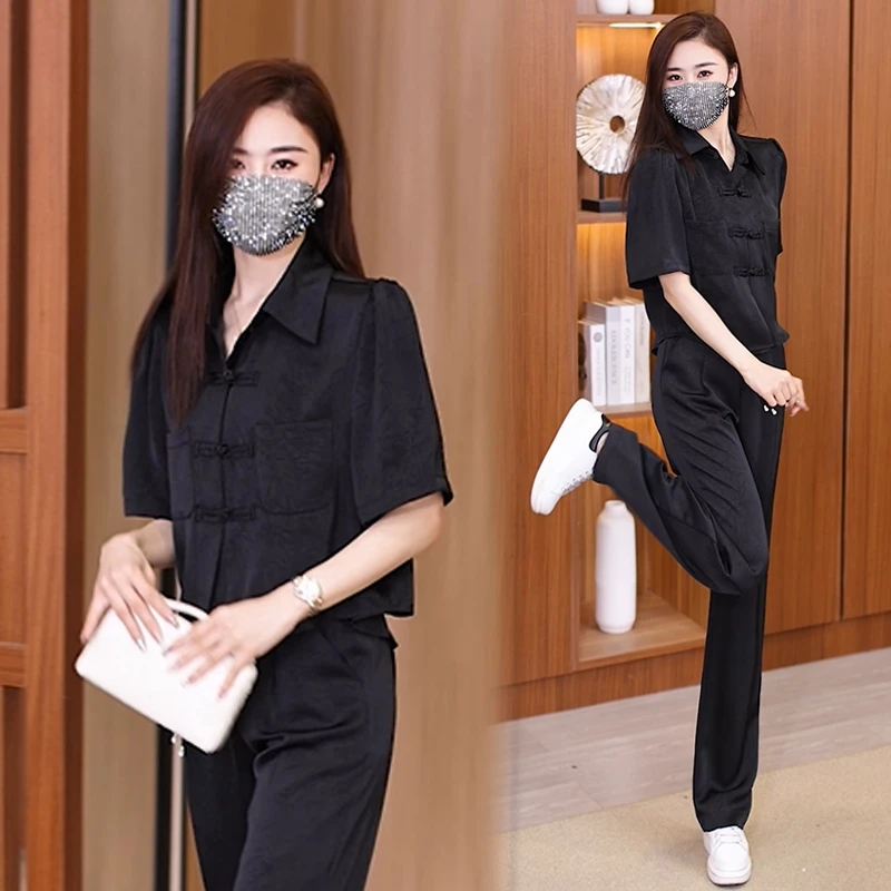 新中式时尚气质套装女夏季洋气显瘦国风盘扣短袖衬衫阔腿裤两件套