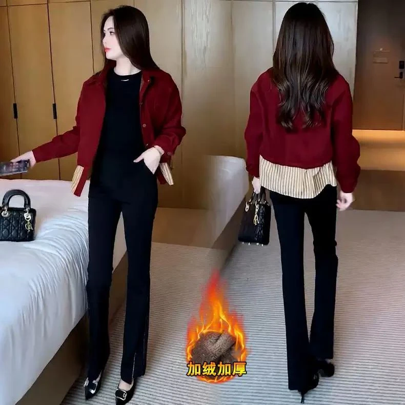 加绒加厚时尚短款外套女2024冬季新款宽松显瘦假两件拼接夹克上衣