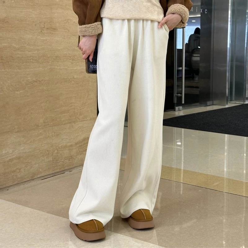 加绒阔腿裤女米白新款冬季加厚运动休闲窄版直筒香蕉裤