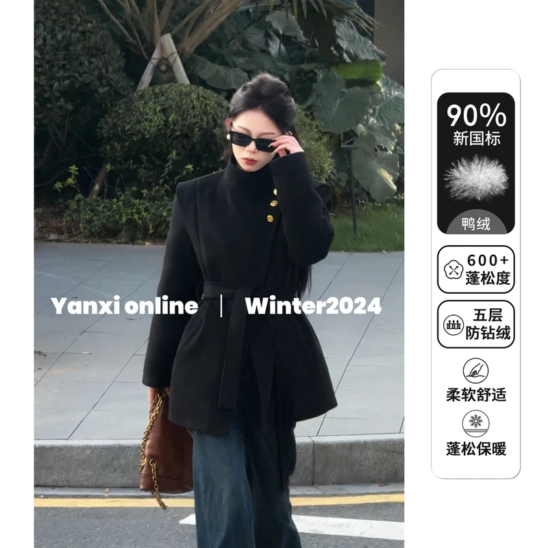 直角肩】黑色大衣毛呢外套冬新款高级感小个子