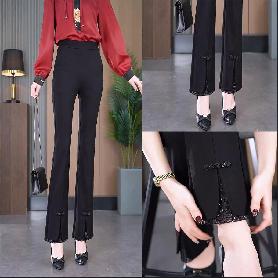 2024春季新品中式国风盘扣微喇裤女高腰开叉垂感显瘦休闲裤女