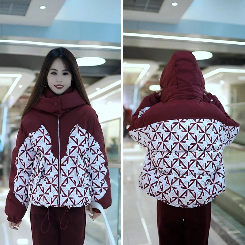 冬季时尚百搭短款棉服女款小个子设计感印花可拆卸连帽外套