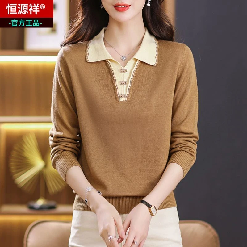 恒源祥秋季新薄款羊毛衫女Polo领针织上衣中年妈妈羊绒针织打底衫