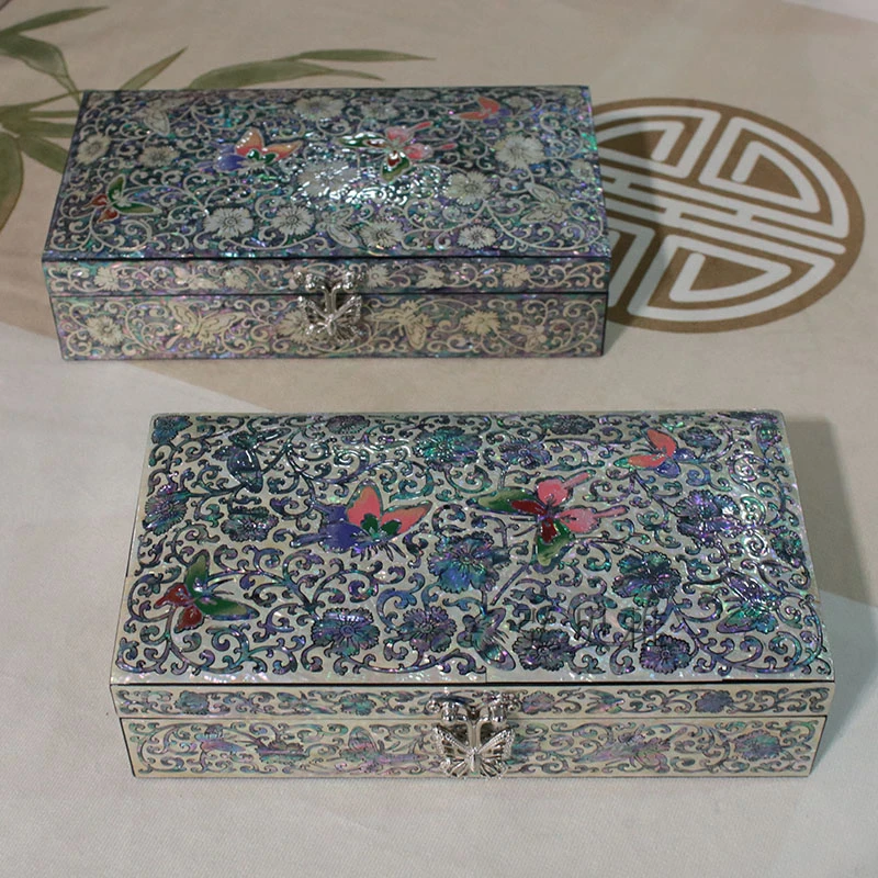 扬州漆器【莺歌蝶舞】23*12*5.5cm单层黑金鲍满贝首饰盒（非遗螺钿）