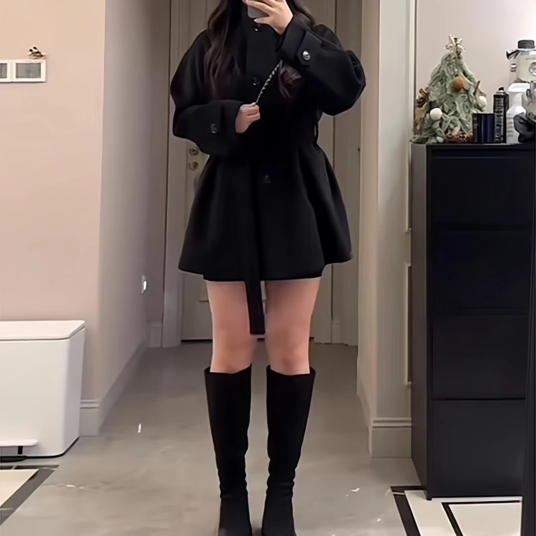 大码高级感气质收腰毛呢外套女秋冬新款胖mm口袋薄款黑色呢子大衣