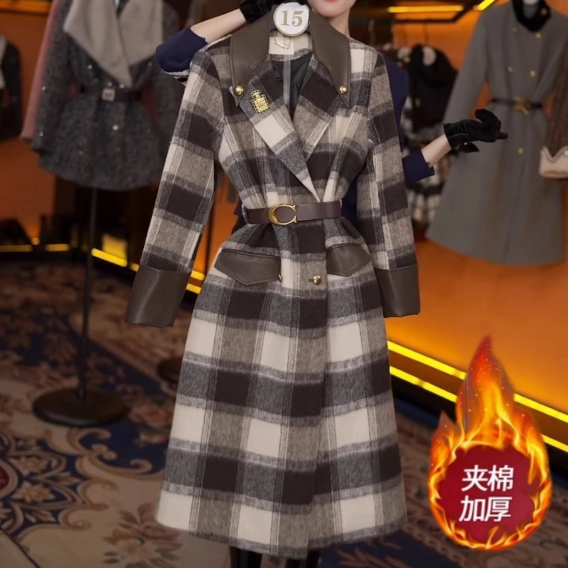 格纹毛呢拼接外套女2024新款时尚秋冬季加厚中长款大衣显瘦2405