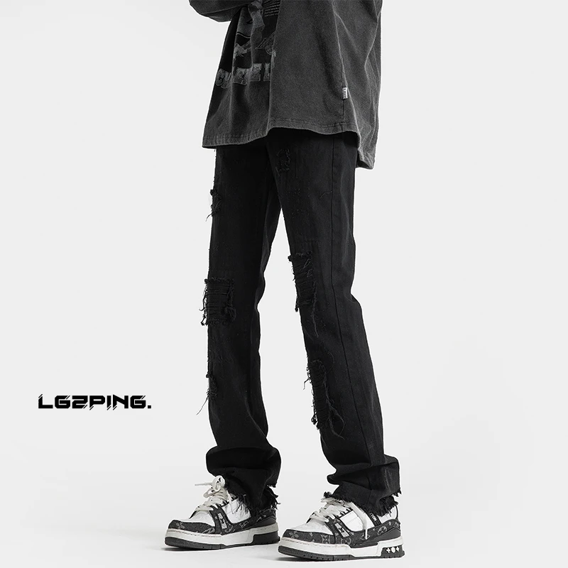 cleanfit黑色破洞牛仔裤男款直筒修身潮牌个性美式高街vibe风裤子