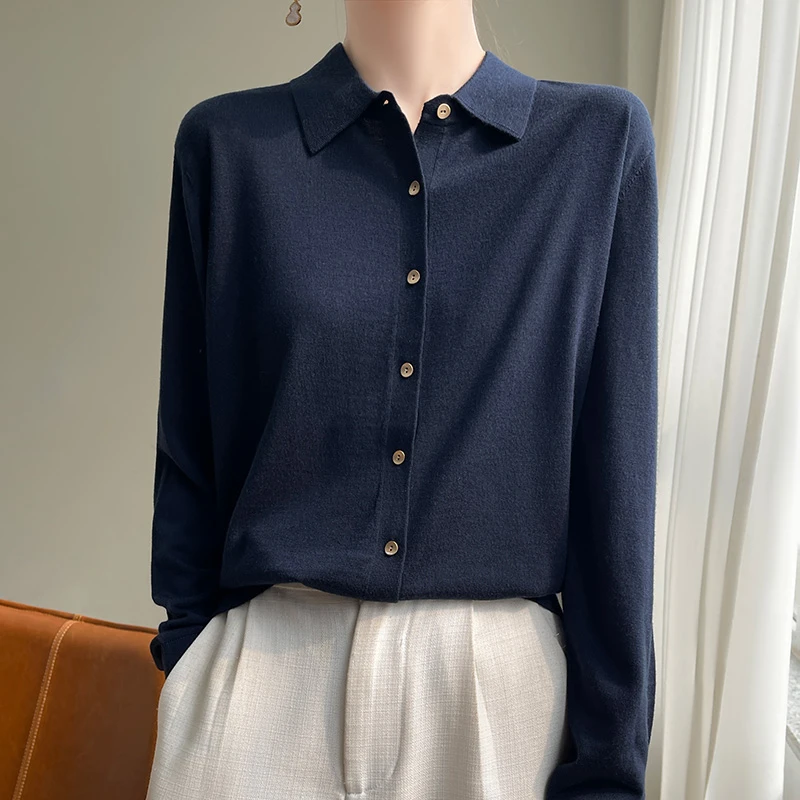 秋季薄款罗纹细羊毛针织衫翻领开衫气质减龄显瘦外套上衣宽松百搭