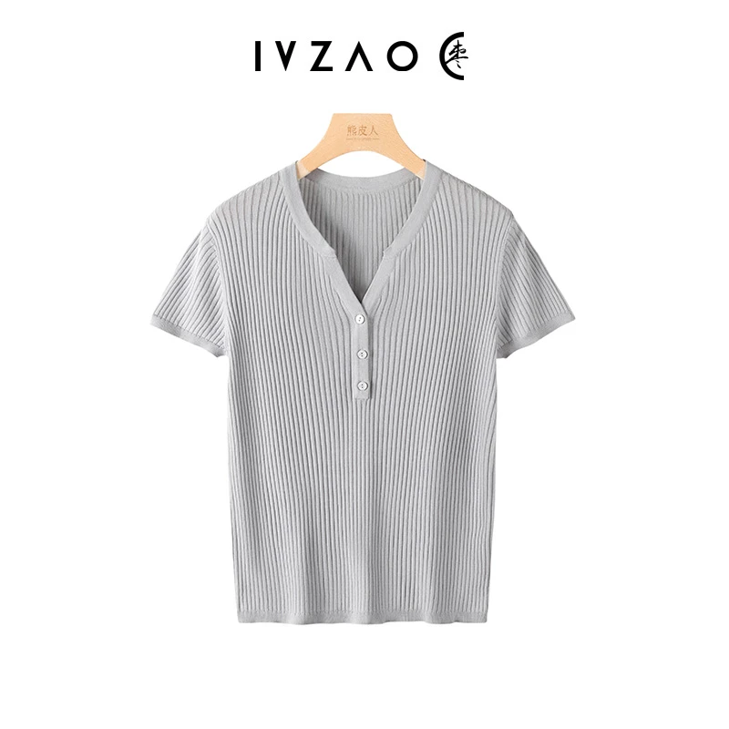 莱赛尔+桑蚕丝夏季新款纽扣半开V领针织短袖女薄款套头上衣