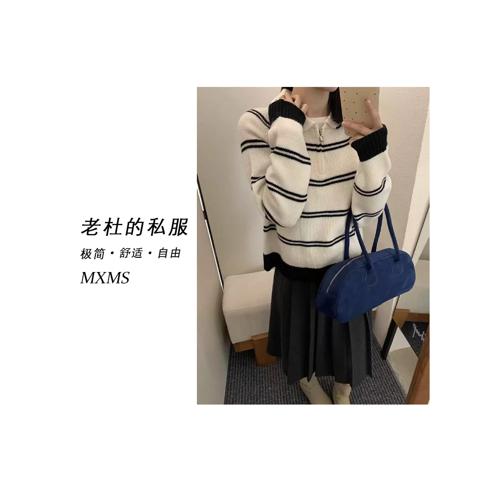 【麦欢尼】Y24225-韩版时尚ins休闲百搭条纹半拉链套头毛衣