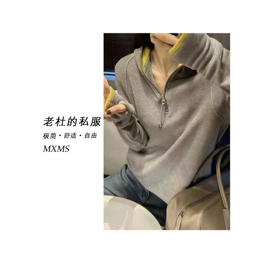 （麦欢尼）XJ-1-116-韩版软糯拼色半拉链休闲运动连帽帽衫