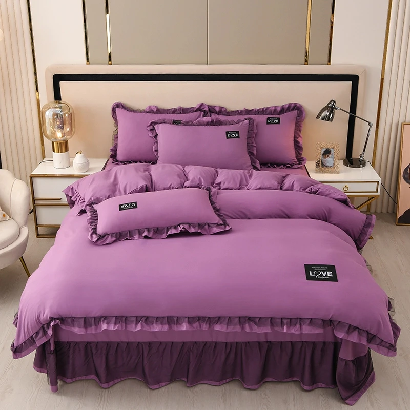 2024新款韩版亲肤水洗磨毛网红纯色四件套四季通用公主风少女心