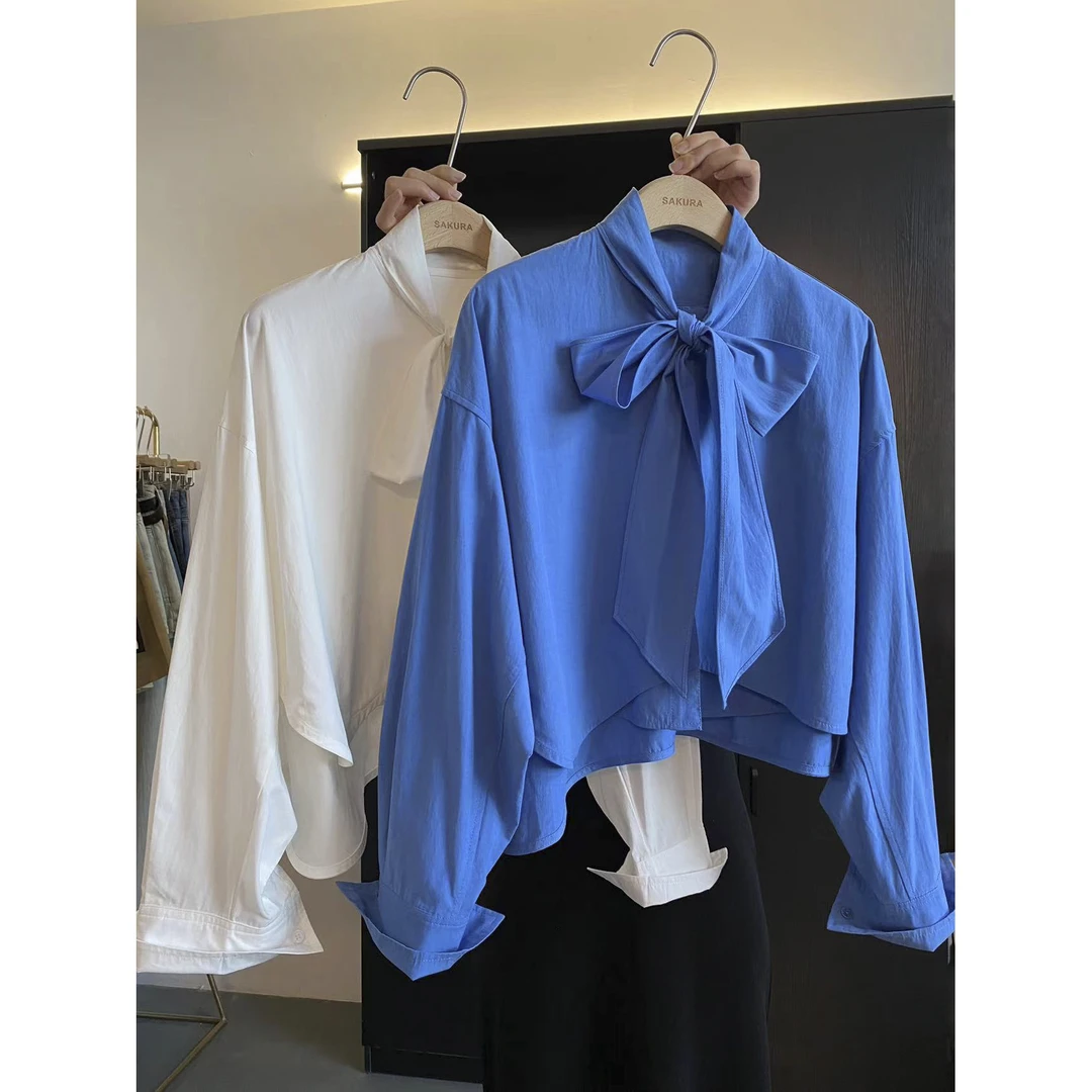 璎婲sᴀᴋᴜʀᴀ【蓝雾岛屿】图韩系设计感蝴蝶结下摆不规则裁剪长袖衬衫