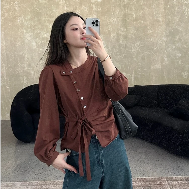 璎婲sᴀᴋᴜʀᴀ【里斯本傍晚】图法式不规则侧边扣下摆系带复古长袖衬衫