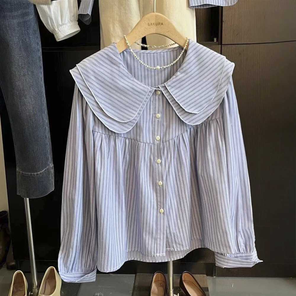 璎婲sᴀᴋᴜʀᴀ【蓝色际遇】图韩版宽松减龄双层娃娃领条纹小众长袖衬衫