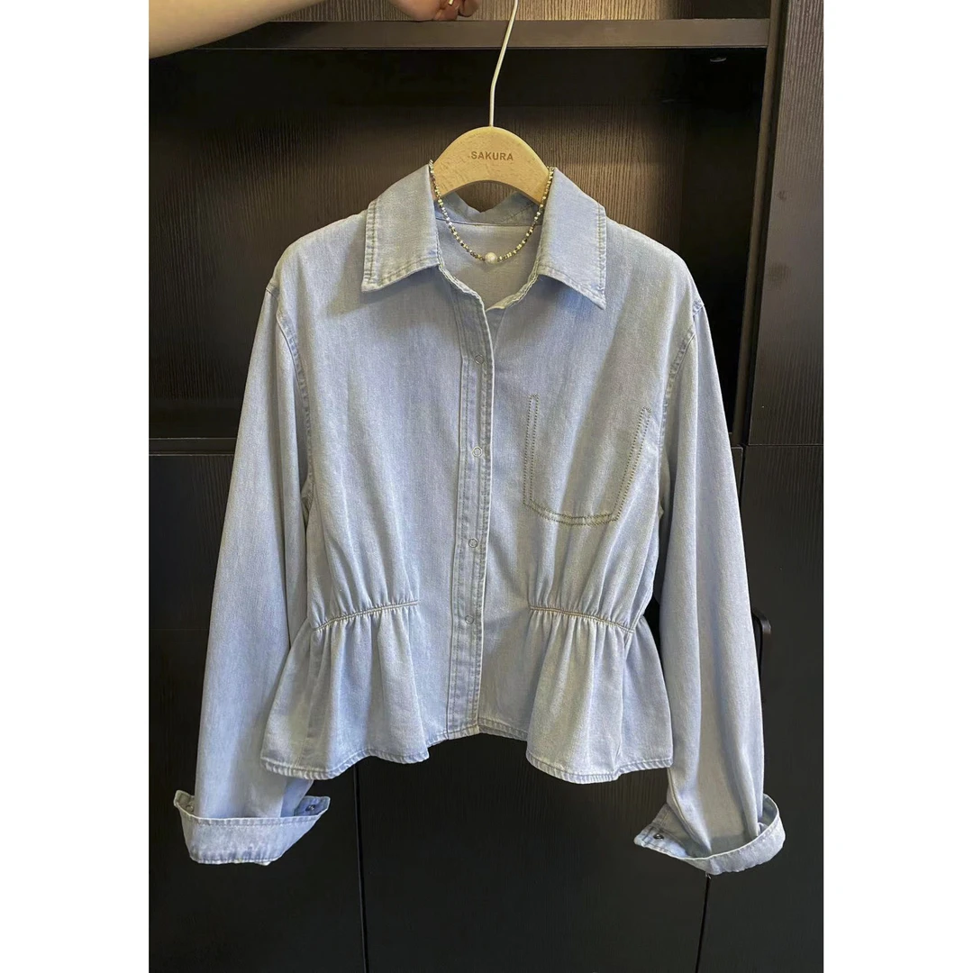 璎婲sᴀᴋᴜʀᴀ【清潭洞】图韩版翻领设计感洋气简约减龄显瘦牛仔衬衫