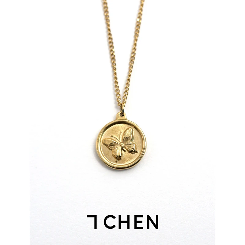 钛钢项链 7CHEN欧美新款蝴蝶复古金币项链高级轻奢百搭叠戴