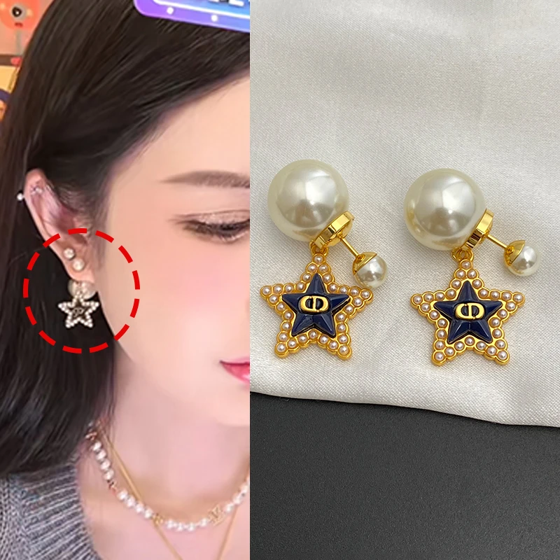 合金仿珍珠耳饰 字母五角星仿珍珠耳钉韦雪同款耳环立体2025早春