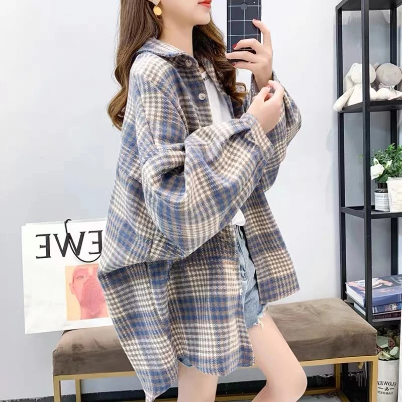 秋冬复古风中长款磨毛呢子格子衬衫外套休闲学生百搭港味宽松