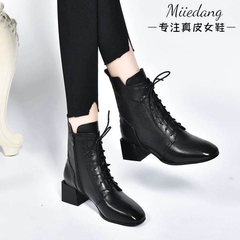 2023秋冬季真皮马丁靴女方跟方头短靴子粗跟新款单靴英伦风棉皮鞋