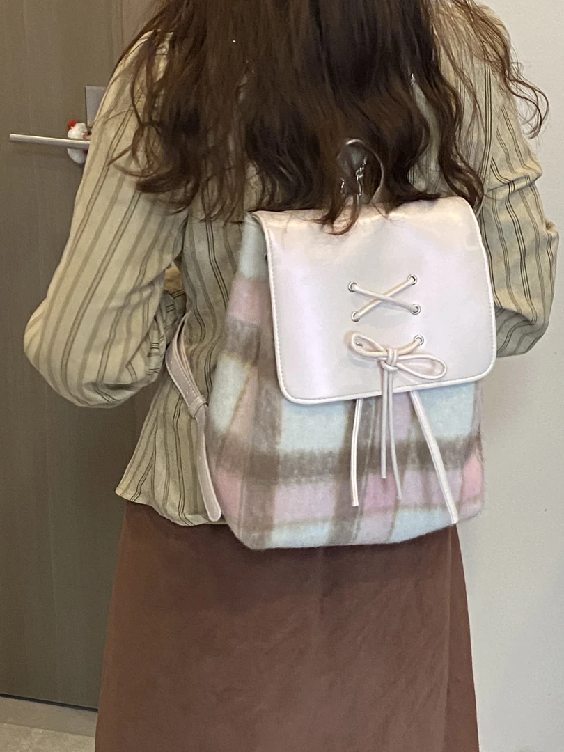 自然卷原创芭蕾风粉色格子毛绒双肩包学院风少女学生背包