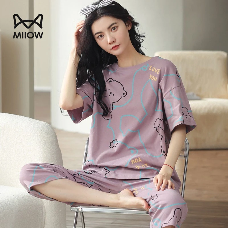 猫人睡衣女款夏季新款紫色小熊可外穿家居服短袖棉质套装KY-7035