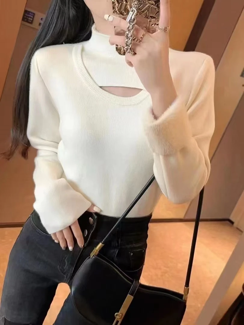 芭乐『镂空打底设计感毛衣』美拉德穿搭2023年新款长袖修身一体绒