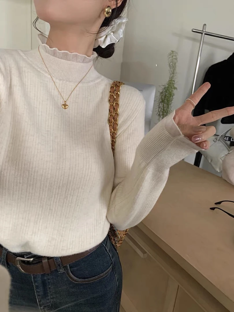 高领厚毛衣上衣长袖加厚花瓣领针织时尚百搭显瘦加绒女打底衫上衣