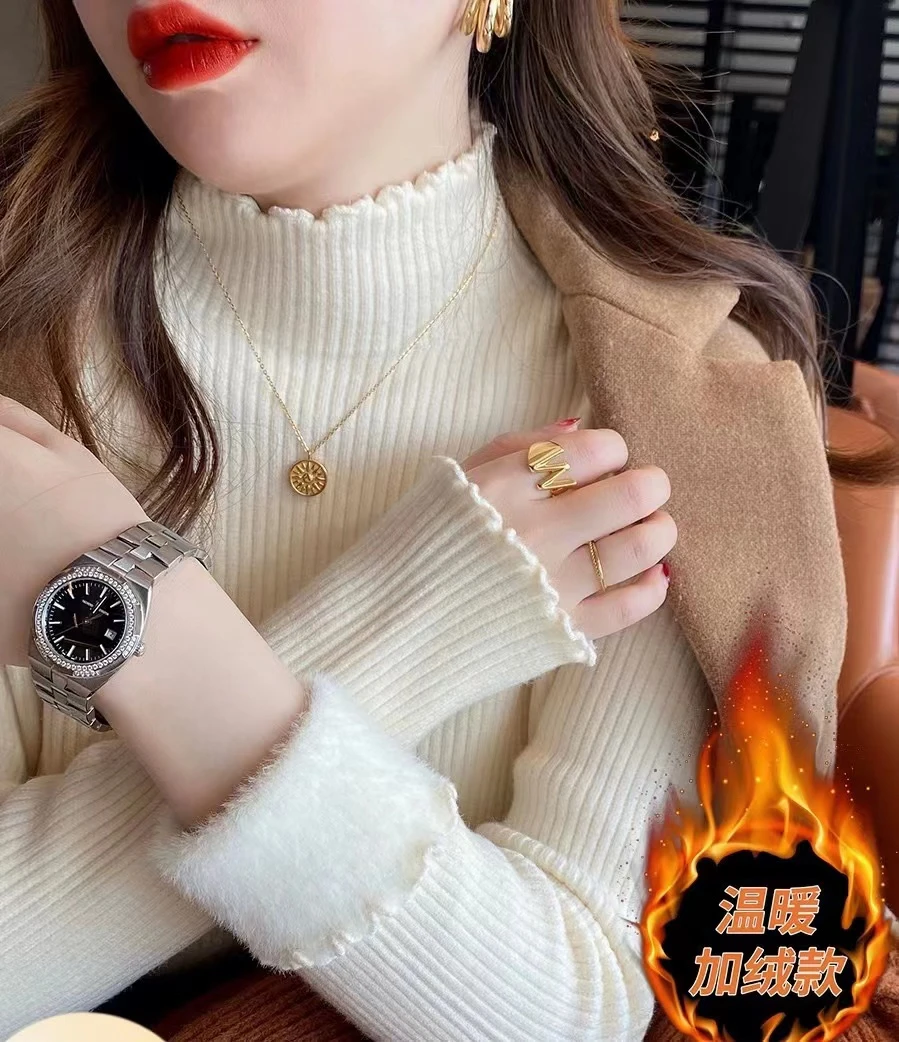 毛衣女加厚冬季加绒2023新款半高领打底衫内搭木耳边一体绒上衣
