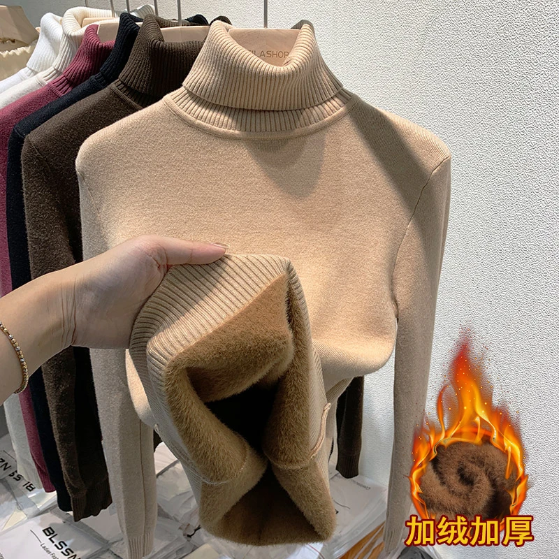 高领毛衣女加绒加厚2025秋冬新款一体水貂绒内搭上衣打底衫女冬厚