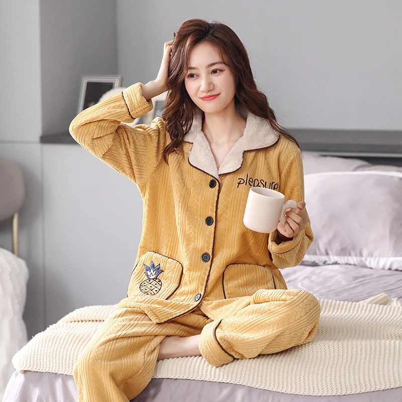 芬腾可安加绒保暖法兰绒套装海岛绒睡衣女士秋冬季珊瑚绒双面绒家