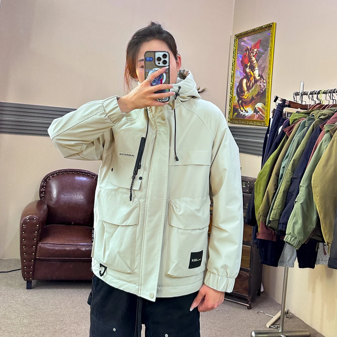 【8956】工装连帽冲锋衣男休闲百搭宽松棉衣夹克潮防风棉服外套