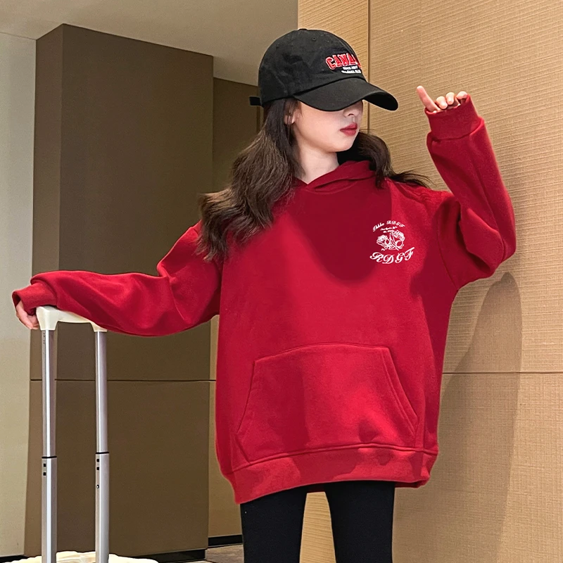 女童卫衣长袖秋冬2024新款中国红拜年服一体绒中大童加厚连帽上衣