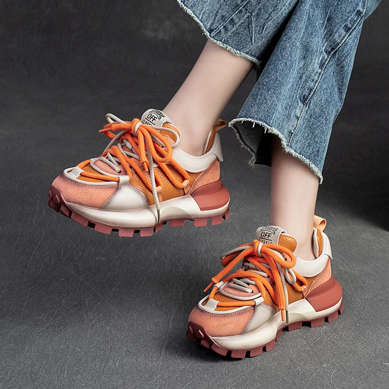 2024春季新款松糕底老爹鞋舒适单鞋休闲真皮拼色女鞋时尚百搭