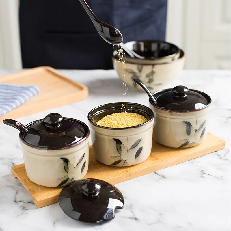 竹叶厨房调味罐三件套陶瓷调料品罐子套装盐罐家用油盐糖佐料调味