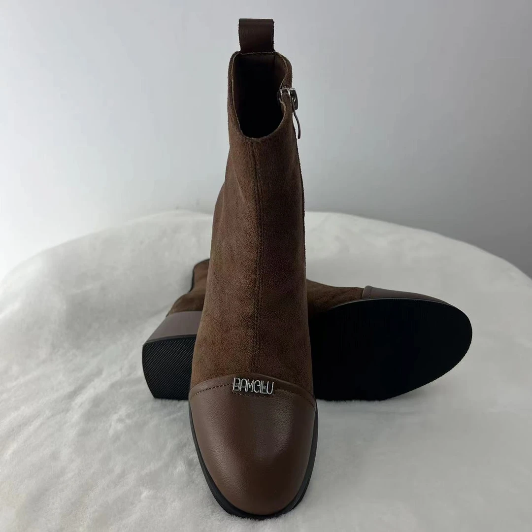 时尚女士棕色粗跟高跟秋冬单里时装靴0850