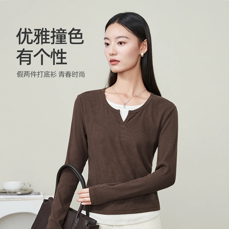 逸阳春新女装时尚撞色针织假两件长袖t恤修身显瘦打底衫上衣