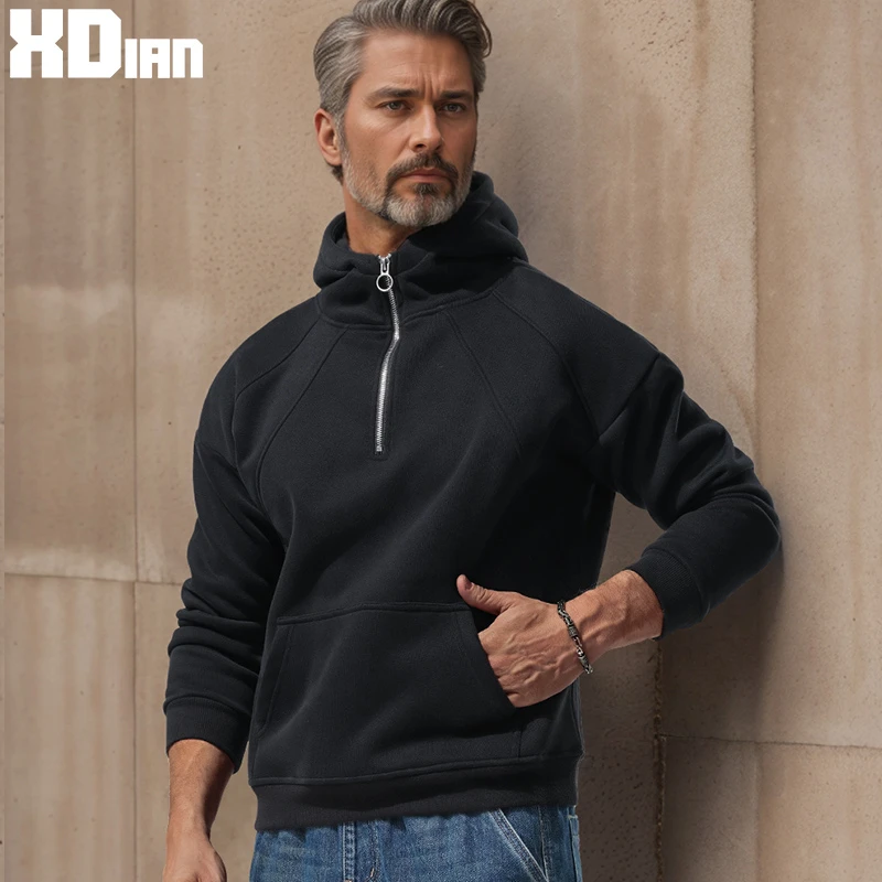 半拉链卫衣男加绒加厚保暖连帽棉宽松纯色重磅高领外套秋冬季上衣