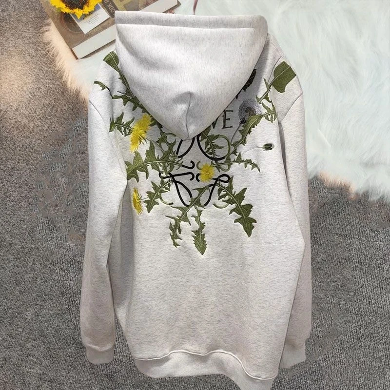 大码300斤美式复古蒲公英刺绣连帽卫衣男女秋冬加绒加厚情侣上衣