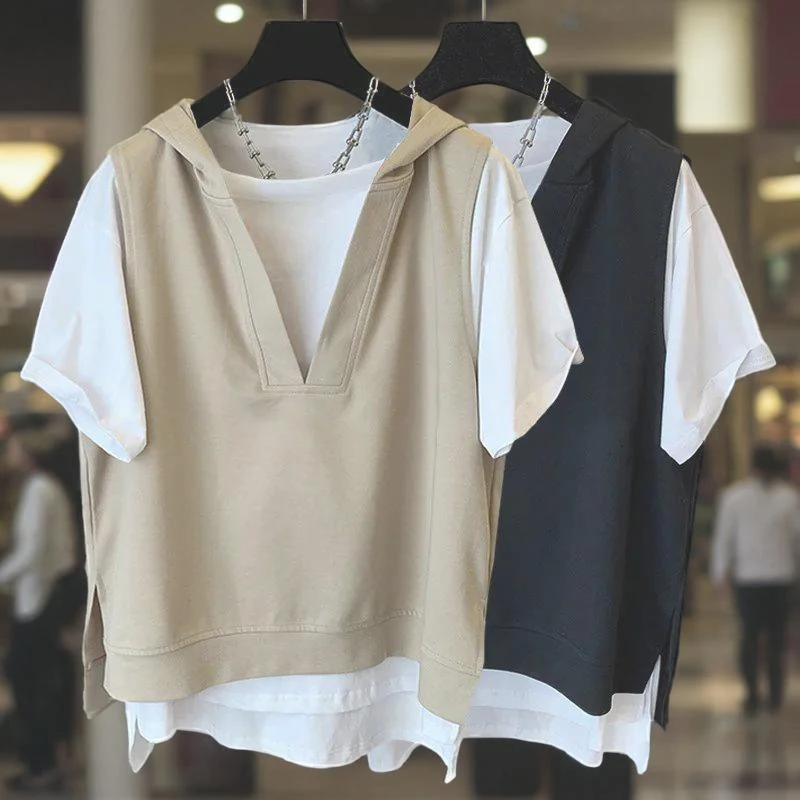 日系潮牌个性真两件连帽短袖T恤男女情侣特大码300斤宽松休闲上衣